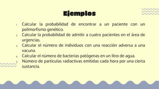 1. Calcular la probabilidad de encontrar a un paciente con un
polimorfismo genético.
2. Calcular la probabilidad de admitir a cuatro pacientes en el área de
urgencias.
3. Calcular el número de individuos con una reacción adversa a una
vacuna.
4. Calcular el número de bacterias patógenas en un litro de agua.
5. Número de partículas radiactivas emitidas cada hora por una cierta
sustancia.
Ejemplos
 