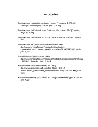 BIBLIOGRÁFIA
Distribuciones probabilísticas de uso común, Documento PDFBadii,
Castiloprobabilidad.pdf[Consulta: junio 5, 2014]
Distribuciones de Probabilidades Continuas, Documento PDF.[Consulta:
Mayo 30, 2014]
Distribuciones de Probabilidad Wibull, Documento PDF [Consulta: junio 4,
2014]
Distribuciones de probabilidad[Documento en Línea]
http://www.monografias.com/trabajos84/distribucion-
exponencial/distribución-exponencial.shtml#ixzz33uek68NXde[Consulta:
junio 5, 2014]
Probabilidades [Documento en Línea]
http://www.monografias.com/trabajos20/estadistica/estadistica.shtml#ixzz3
3xDPLLuh, [Consulta: Junio 3 2014]
Probabilidad Continua[Documento en Línea]
http://www.cnice.mecd.es/Descartes /Bach_HCS_ 2/
Distribuciones_probabilidad_continuas/normal.htm.[Consulta: Mayo 30,
2014]
ProbabilidadesErlang [Documento en Línea] v2009n05erleng.pdf [Consulta:
junio 4, 2014]
 
