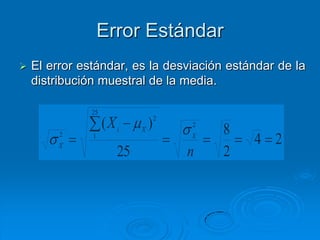 Error Estándar
   El error estándar, es la desviación estándar de la
    distribución muestral de la media.

               25
                                   2
                    (Xi    X
                               )       2
                                           8
         2
         X
               1                       X
                                               4 2
                      25               n   2
 