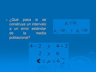    ¿Qué pasa si se
    construye un intervalo                   X
                                                 1   X

    a un error estándar              1           y           1
                                 X       X               X       X
    de      la      media
    poblacional?

                4   2        y   4       2
                    2        y   6
                    2            6
 
