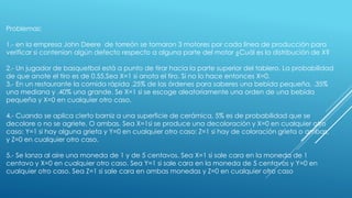 Problemas:
1.- en la empresa John Deere de torreón se tomaron 3 motores por cada línea de producción para
verificar si contenían algún defecto respecto a alguna parte del motor ¿Cuál es la distribución de X?
2.- Un jugador de basquetbol está a punto de tirar hacia la parte superior del tablero. La probabilidad
de que anote el tiro es de 0.55.Sea X=1 si anota el tiro. Si no lo hace entonces X=0.
3.- En un restaurante la comida rápida .25% de las órdenes para saberes una bebida pequeña, .35%
una mediana y .40% una grande. Se X=1 si se escoge aleatoriamente una orden de una bebida
pequeña y X=0 en cualquier otro caso.
4.- Cuando se aplica cierto barniz a una superficie de cerámica, 5% es de probabilidad que se
decolore o no se agriete. O ambas. Sea X=1si se produce una decoloración y X=0 en cualquier otro
caso: Y=1 si hay alguna grieta y Y=0 en cualquier otro caso: Z=1 si hay de coloración grieta o ambas,
y Z=0 en cualquier otro caso.
5.- Se lanza al aire una moneda de 1 y de 5 centavos. Sea X=1 si sale cara en la moneda de 1
centavo y X=0 en cualquier otro caso. Sea Y=1 si sale cara en la moneda de 5 centavos y Y=0 en
cualquier otro caso. Sea Z=1 si sale cara en ambas monedas y Z=0 en cualquier otro caso
 