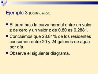 Ejemplo 3 (Continuación)

 El área bajo la curva normal entre un valor
  z de cero y un valor z de 0.80 es 0.2881.
 Concluimos que 28.81% de los residentes
  consumen entre 20 y 24 galones de agua
  por día.
 Observe el siguiente diagrama.
 