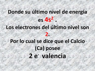 Donde su último nivel de energía
es 4s2 .
Los electrones del último nivel son
2.
Por lo cual se dice que el Calcio
(Ca) posee
2 e- valencia
 