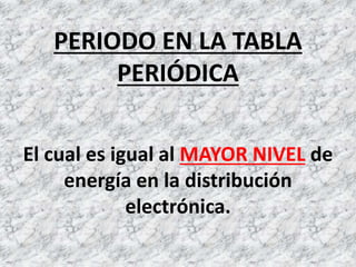 PERIODO EN LA TABLA
PERIÓDICA
El cual es igual al MAYOR NIVEL de
energía en la distribución
electrónica.
 