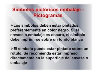 Símbolos pictóricos embalaje -
Pictogramas
Los símbolos deben estar pintados,
preferentemente en color negro. Si el
envase o embalaje es oscuro, el símbolo
debe imprimirse sobre un fondo blanco
El símbolo puede estar pintado sobre un
rótulo. Se recomienda estar impreso
directamente en la superficie del envase o
embalaje
 