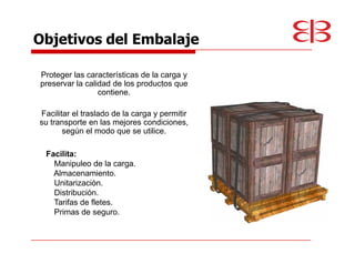 Objetivos del Embalaje

Proteger las características de la carga y
preservar la calidad de los productos que
                 contiene.

Facilitar el traslado de la carga y permitir
su transporte en las mejores condiciones,
       según el modo que se utilice.

 Facilita:
   Manipuleo de la carga.
   Almacenamiento.
   Unitarización.
   Distribución.
   Tarifas de fletes.
   Primas de seguro.
 