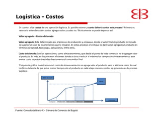 Logística - Costos

   En cuanto a los costos de una operación logística. Es posible estimar ¿cuanto debería costar este proceso? Primero es
   necesario entender cuales costos agregan valor y cuales no. Técnicamente se puede expresar así:

   Valor agregado + Costo adicionado

   Valor agregado: Esta determinado por el proceso de producción y empaque, donde el valor final de producto terminado
   es superior al valor de los elementos que lo integran. En estos procesos el enfoque es darle valor agregado al producto en
   términos de calidad, tecnología, aplicaciones, entre otros.

   Costo adicionado: Son las operaciones, como almacenamiento, que desde el punto de vista comercial no le agregan valor
   al producto. Es más, en los procesos eficientes donde se busca reducir al máximo los tiempos de almacenamiento, este
   menor costo se puede trasladas directamente al consumidor final.

   El siguiente gráfico muestra como el costo de almacenamiento no agrega valor al producto pero si adiciona costo, lo cual
   confirma la teoría de que entre menor tiempo este el producto en cada etapa menores costos se generarán en le proceso
   logístico:




Fuente: Consultoría Brand-X   Cámara de Comercio de Bogotá
 