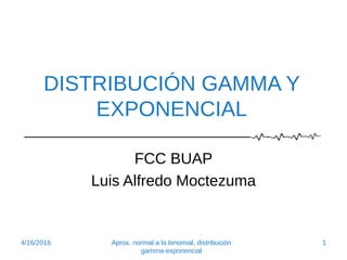 DISTRIBUCIÓN GAMMA Y
EXPONENCIAL
FCC BUAP
Luis Alfredo Moctezuma
4/16/2016 Aprox. normal a la binomial, distribución
gamma-exponencial
1
 