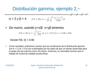 Distribución gamma, ejemplo 2,~
α = 2 y β = 4
• De nuevo, usando y=x/β x=yβ tenemos
Donde F(5; 2) = 0.96
• Como resultado, podríamos concluir que las condiciones de la distribución gamma
con α = 2 y β = 4 no son sustentadas por los datos de que un tiempo observado para
la queja sea tan extenso como 20 meses. Entonces, es razonable concluir que el
trabajo de control de calidad resultó eficaz
4/16/2016 Aprox. normal a la binomial, distribución
gamma-exponencial
11
 