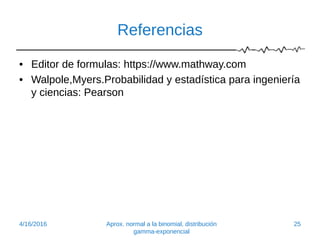Referencias
• Editor de formulas: https://www.mathway.com
• Walpole,Myers.Probabilidad y estadística para ingeniería
y ciencias: Pearson
4/16/2016 Aprox. normal a la binomial, distribución
gamma-exponencial
25
 