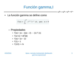 Función gamma,I
• La función gamma se define como
– Propiedades
• Γ(α) = (α – 1)(α – 2) ··· (1) Γ (1)
• Γ(α+1) = αΓ(α)
• Γ(α) = (α − 1)!
• Γ(1) = 1
• Γ(1/2) = √π
4/16/2016 Aprox. normal a la binomial, distribución
gamma-exponencial
3
 