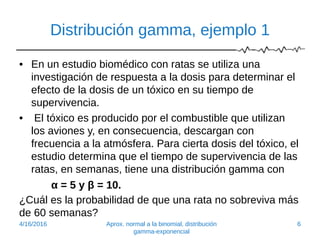 Distribución gamma, ejemplo 1
• En un estudio biomédico con ratas se utiliza una
investigación de respuesta a la dosis para determinar el
efecto de la dosis de un tóxico en su tiempo de
supervivencia.
• El tóxico es producido por el combustible que utilizan
los aviones y, en consecuencia, descargan con
frecuencia a la atmósfera. Para cierta dosis del tóxico, el
estudio determina que el tiempo de supervivencia de las
ratas, en semanas, tiene una distribución gamma con
α = 5 y β = 10.
¿Cuál es la probabilidad de que una rata no sobreviva más
de 60 semanas?
4/16/2016 Aprox. normal a la binomial, distribución
gamma-exponencial
6
 