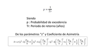 De los parámetros “z” y Coeficiente de Asimetría:
Siendo
p : Probabilidad de excedencia
Tr: Periodo de retorno (años)
 