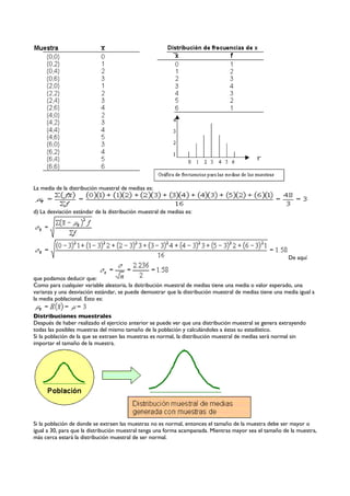 La media de la distribución muestral de medias es:



d) La desviación estándar de la distribución muestral de medias es:




                                                                                                          De aquí


que podamos deducir que:
Como para cualquier variable aleatoria, la dsitribución muestral de medias tiene una media o valor esperado, una
varianza y una desviación estándar, se puede demostrar que la distribución muestral de medias tiene una media igual a
la media poblacional. Esto es:

Distribuciones muestrales
Después de haber realizado el ejercicio anterior se puede ver que una distribución muestral se genera extrayendo
todas las posibles muestras del mismo tamaño de la población y calculándoles a éstas su estadístico.
Si la población de la que se extraen las muestras es normal, la distribución muestral de medias será normal sin
importar el tamaño de la muestra.




Si la población de donde se extraen las muestras no es normal, entonces el tamaño de la muestra debe ser mayor o
igual a 30, para que la distribución muestral tenga una forma acampanada. Mientras mayor sea el tamaño de la muestra,
más cerca estará la distribución muestral de ser normal.
 