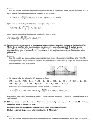 Solución:
Sea X la variable aleatoria que expresa el retraso en minutos de la compañía aérea. Sigue la ley normal N(10; 5)
a) Se trata de calcular la probabilidad del suceso (X  0), se tiene:
0,02280,977212)(12)(
5
100
0)( 




 
 ZPZPZPXP
b) Se trata de calcular la probabilidad del suceso (X  10), se tiene:
0,50)(
5
1010
10)( 




 
 ZPZPXP
c) Se trata de calcular la probabilidad del suceso (X  20), se tiene:
0,97722)(
5
1020
20)( 




 
 ZPZPXP
13 Tras un test de cultura general se observa que las puntuaciones obtenidas siguen una distribución N(65;
18). Se desea clasificar a los examinados en tres grupos: De baja cultura general; de cultura general
aceptable y de excelente cultura general, de modo que haya en el primero un 20% de población, en el
segundo un 65% y en el tercero un 15%. ¿Cuáles han de ser las puntuaciones que marcan el paso de un
grupo a otro?
Solución:
Sea X la variable que expresa las puntuaciones obtenidas por los individuos en el test. Sigue la ley N(65; 18).
Supongamos para mayor sencillez que se trata de una distribución normal N(0; 1). Luego, tras tipicar la variable,
concretaremos al caso de la variable X.
- Se trata de hallar dos valores Z1 y Z2 tales que verifiquen:
P(Z  Z1) = 0,2 = P(Z  -Z1)  1 - P(Z  -Z1) = 0,2  P(Z  -Z1) = 0,8  -Z1 = 0,84  Z1 = -0,84
P(Z  Z2) = 0,15  1 - P(Z  Z2) = 0,15  P(Z  Z2) = 0,85  Z2 = 1,04
- Los valores que se corresponden con la variable X son X1 y X2 tales que:
83,7265Z18X
18
65X
Z49,88;65Z18X
18
65X
Z 22
2
211
1
1 




Resumiendo: Baja cultura (menos de 50 puntos); Cultura aceptable (entre 50 y 83 puntos) y Cultura excelente (más
de 83 puntos)
14 El tiempo necesario para terminar un determinado examen sigue una ley normal de media 60 minutos y
desviación típica 10 minutos, se pide:
a) ¿Cuánto debe durar el examen para que el 95% de las personas lo terminen?
b) ¿Qué porcentaje de personas lo terminarán antes de 75 minutos?
Solución:
Sea X la variable aleatoria que expresa el tiempo necesario para terminar el examen, la cual sigue una ley N(60;
 