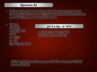 Ejercicio 03
• Se tienen las edades de 10 asegurados a una empresa que
tiene un x̄ =39.5 y una σ = 7.77. Hallar el intervalo de confianza
para el 90% y represente gráficamente
• Datos:
x̄ = 39.5
α (90%)= 0.1
ν = 9
σ = 7.77
n = 10
t(α 90%, ν) =1.83
μ= 39.5 ± 1.83 * 7.77 * 10
μ=[181.691 ; -102.691]
El intervalo de confianza para el 90% esta entre 181.691
hasta -102.691
μ= x̄ ± t(α, ν) *σ*n
 