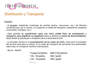 Grupajes
• El grupaje. Expedición combinada de partidas (bultos, mercancías, etc.) de distintos
remitentes que, por sí mismas, no ocuparían un medio de transporte o plataforma completos
(contenedor, remolque, etc.).
• Estas partidas se acondicionan como una única unidad física de manipulación y
transporte, para simplificar su expedición hacia un destino un centro de desconsolidación,
desde donde se distribuyen o reexpiden hacia el destinatario final.
• La principal ventaja es la economización de los costes de envío, tanto para el proveedor
del servicio como para su cliente. Es un modo de transporte de mercancías muy demandado,
sobre todo, en transporte marítimo internacional.
• Murcia – Madrid:
• Carga Completa 360 € (33 palets)
• 16 - 24 palets, 16€ / palet
• 10 – 16 palets, 19€ / palet
• ………
Distribución y Transporte
 