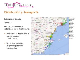 Distribución y Transporte
Optimización de rutas
Ejemplo:
Empresa posee tiendas
extendidas por todo el levante.
• Análisis de la distribución a
sus tiendas por
transportista.
• Rutas de transporte
asignadas para cada
transportista
 