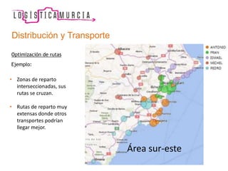Distribución y Transporte
Optimización de rutas
Ejemplo:
• Zonas de reparto
interseccionadas, sus
rutas se cruzan.
• Rutas de reparto muy
extensas donde otros
transportes podrían
llegar mejor.
Área sur-este
 
