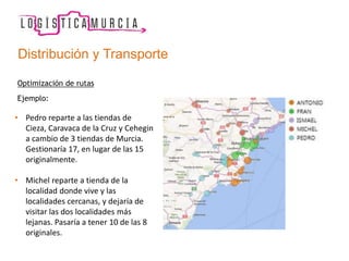 Distribución y Transporte
Optimización de rutas
Ejemplo:
• Pedro reparte a las tiendas de
Cieza, Caravaca de la Cruz y Cehegin
a cambio de 3 tiendas de Murcia.
Gestionaría 17, en lugar de las 15
originalmente.
• Michel reparte a tienda de la
localidad donde vive y las
localidades cercanas, y dejaría de
visitar las dos localidades más
lejanas. Pasaría a tener 10 de las 8
originales.
 