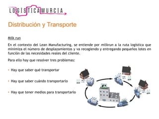 Distribución y Transporte
Milk run
En el contexto del Lean Manufacturing, se entiende por milkrun a la ruta logística que
minimiza el número de desplazamientos y va recogiendo y entregando pequeños lotes en
función de las necesidades reales del cliente.
Para ello hay que resolver tres problemas:
• Hay que saber qué transportar
• Hay que saber cuándo transportarlo
• Hay que tener medios para transportarlo
 