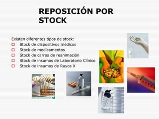 REPOSICIÓN POR STOCKExisten diferentes tipos de stock: Stock de dispositivos médicosStock de medicamentosStock de carros de reanimaciónStock de insumos de Laboratorio ClínicoStock de insumos de Rayos X
