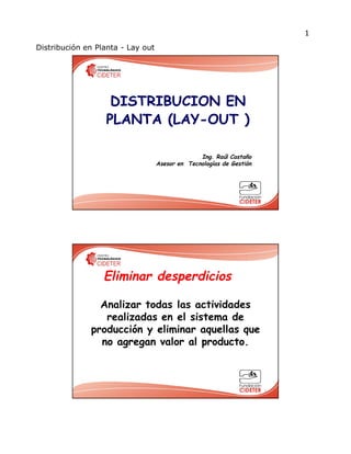 Distribución en Planta - Lay out
1
DISTRIBUCION EN
DISTRIBUCION EN
PLANTA (LAY
PLANTA (LAY-
-OUT
OUT )
)
DISTRIBUCION EN
DISTRIBUCION EN
PLANTA (LAY
PLANTA (LAY-
-OUT
OUT )
)
1
Ing. Raúl Castaño
Asesor en Tecnologías de Gestión
Eliminar desperdicios
Analizar todas las actividades
realizadas en el sistema de
producción y eliminar aquellas que
no agregan valor al producto.
2
 