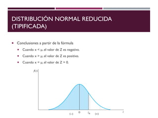 DISTRIBUCIÓN NORMAL REDUCIDA
(TIPIFICADA)
 Conclusiones a partir de la fórmula
 Cuando x < µ, el valor de Z es negativo.
 Cuando x > µ, el valor de Z es positivo.
 Cuando x = µ, el valor de Z = 0.
 