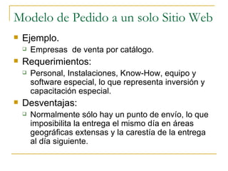 Modelo de Pedido a un solo Sitio Web
   Ejemplo.
       Empresas de venta por catálogo.
   Requerimientos:
       Personal, Instalaciones, Know-How, equipo y
        software especial, lo que representa inversión y
        capacitación especial.
   Desventajas:
       Normalmente sólo hay un punto de envío, lo que
        imposibilita la entrega el mismo día en áreas
        geográficas extensas y la carestía de la entrega
        al día siguiente.
 