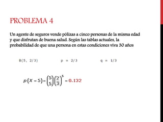 PROBLEMA 4
Un agente de seguros vende pólizas a cinco personas de la misma edad
y que disfrutan de buena salud. Según las tablas actuales, la
probabilidad de que una persona en estas condiciones viva 30 años
 