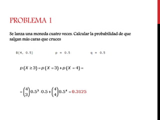 PROBLEMA 1
Se lanza una moneda cuatro veces. Calcular la probabilidad de que
salgan más caras que cruces
 