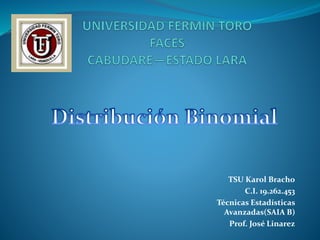TSU Karol Bracho
C.I. 19.262.453
Técnicas Estadísticas
Avanzadas(SAIA B)
Prof. José Linarez
 
