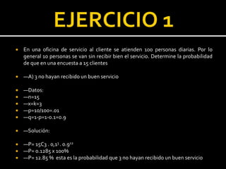  En una oficina de servicio al cliente se atienden 100 personas diarias. Por lo
general 10 personas se van sin recibir bien el servicio. Determine la probabilidad
de que en una encuesta a 15 clientes
 —A) 3 no hayan recibido un buen servicio
 —Datos:
 —n=15
 —x=k=3
 —p=10/100=.01
 —q=1-p=1-0.1=0.9
 —Solución:
 —P= 15C3 . 0,13 . 0.912
 —P= 0.1285 x 100%
 —P= 12.85 % esta es la probabilidad que 3 no hayan recibido un buen servicio
 