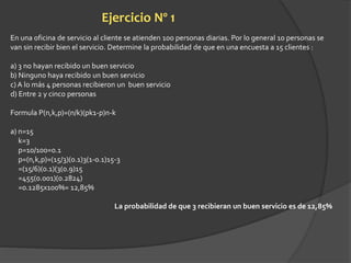 Ejercicio Nº 1 
En una oficina de servicio al cliente se atienden 100 personas diarias. Por lo general 10 personas se 
van sin recibir bien el servicio. Determine la probabilidad de que en una encuesta a 15 clientes : 
a) 3 no hayan recibido un buen servicio 
b) Ninguno haya recibido un buen servicio 
c) A lo más 4 personas recibieron un buen servicio 
d) Entre 2 y cinco personas 
Formula P(n,k,p)=(n/k)(pk1-p)n-k 
a) n=15 
k=3 
p=10/100=0.1 
p=(n,k,p)=(15/3)(0.1)3(1-0.1)15-3 
=(15/6)(0.1)(3(0.9)15 
=455(0.001)(0.2824) 
=0.1285x100%= 12,85% 
La probabilidad de que 3 recibieran un buen servicio es de 12,85% 
 