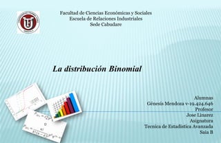 Facultad de Ciencias Económicas y Sociales
Escuela de Relaciones Industriales
Sede Cabudare
Alumnas
Génesis Mendoza v-19.424.646
Profesor
Jose Linarez
Asignatura
Tecnica de Estadistica Avanzada
Saia B
La distribución Binomial
 