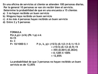 En una oficina de servicios al cliente se atienden 100 personas diarias. 
Por lo general 10 personas se van sin recibir bien el servicio. 
Determine la probabilidad de que en una encuesta a 15 clientes 
a) 3 no hayan recibido un buen servicio 
b) Ninguno haya recibido un buen servicio 
c) A los más 4 personas hayan recibido un buen servicio 
d) Entre 2 y 5 personas 
FORMULA 
P(n,k,p)= (n/k) (Pk 1-p) n-k 
N=15 
K= 3 
P= 10/1000 0.1 P (n, k, p)= (15/3) (0.1)3 (1-0.1) 15-3 
= (15/3) (0.1)3 (0.9) 15 
= 455 (0.001) (0.2824) 
= 0.1285 X 100% 
= 12,85% 
La probabilidad de que 3 personas no hayan recibido un buen 
servicio es de 12,85% 
 