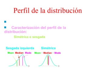 Perfil de la distribución Describe cómo los Datos están  Distribuídos Caracterización del perfil de la    distribución:  Simétrica o sesgada Sesgada izquierda Simétrica Mean =  Median =  Mode Mean Median Mode 