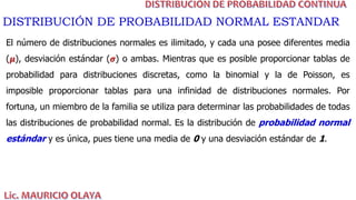 El número de distribuciones normales es ilimitado, y cada una posee diferentes media
(𝝁), desviación estándar (𝝈) o ambas. Mientras que es posible proporcionar tablas de
probabilidad para distribuciones discretas, como la binomial y la de Poisson, es
imposible proporcionar tablas para una infinidad de distribuciones normales. Por
fortuna, un miembro de la familia se utiliza para determinar las probabilidades de todas
las distribuciones de probabilidad normal. Es la distribución de probabilidad normal
estándar y es única, pues tiene una media de 0 y una desviación estándar de 1.
DISTRIBUCIÓN DE PROBABILIDAD NORMAL ESTANDAR
 
