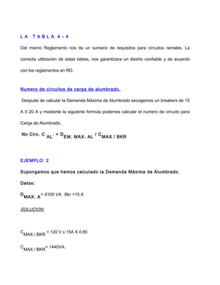 L A T A B L A 4 – 4
Del mismo Reglamento nos da un sumario de requisitos para circuitos ramales. La
correcta utilización de estas tablas, nos garantizara un diseño confiable y de acuerdo
con los reglamentos en RD.
Numero de circuitos de carga de alumbrado.
Después de calcular la Demanda Máxima de Alumbrado escogemos un breakers de 15
A 0 20 A y mediante la siguiente formula podemos calcular el numero de circuito para
Carga de Alumbrado.
No Circ. C
AL
. = D
EM. MAX. AL
/ C
MAX / BKR
EJEMPLO: 2
Supongamos que hemos calculado la Demanda Máxima de Alumbrado.
Datos:
D
MAX. A
= 6100 VA. Bkr =15 A
SOLUCION:
C
MAX / BKR
= 120 V x 15A X 0.80
C
MAX / BKR
= 1440VA.
 