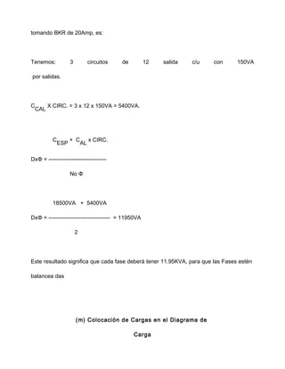 tomando BKR de 20Amp, es:
Tenemos: 3 circuitos de 12 salida c/u con 150VA
por salidas.
C
CAL
X CIRC. = 3 x 12 x 150VA = 5400VA.
C
ESP
+ C
AL
x CIRC.
DxΦ = -------------------------------
No Φ
18500VA + 5400VA
DxΦ = --------------------------------- = 11950VA
2
Este resultado significa que cada fase deberá tener 11.95KVA, para que las Fases estén
balancea das
(m) Colocación de Cargas en el Diagrama de
Carga
 