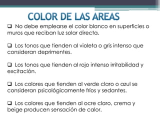  No debe emplearse el color blanco en superficies o
muros que reciban luz solar directa.

 Los tonos que tienden al violeta o gris intenso que
consideran deprimentes.

 Los tonos que tienden al rojo intenso irritabilidad y
excitación.

 Los colores que tienden al verde claro o azul se
consideran psicológicamente fríos y sedantes.

 Los colores que tienden al ocre claro, crema y
beige producen sensación de calor.
 