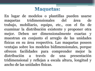 En lugar de modelos o plantillas pueden usarse
maquetas      tridimensionales     del    área     de
trabajo, mobiliario, equipo, etc., con el fin de
examinar la distribución existente y proponer otra
mejor. Deben ser dimensionalmente exactas y
muestran en conjunto el arreglo de las unidades
físicas en su área respectiva. Las maquetas poseen
ventajas sobre los modelos bidimensionales, porque
ofrecen facilidades para comprender mejor la
distribución a través de una presentación
tridimensional y reflejan a escala altura, longitud y
ancho de las unidades físicas.
 