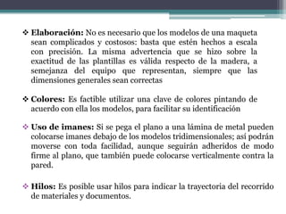  Elaboración: No es necesario que los modelos de una maqueta
  sean complicados y costosos: basta que estén hechos a escala
  con precisión. La misma advertencia que se hizo sobre la
  exactitud de las plantillas es válida respecto de la madera, a
  semejanza del equipo que representan, siempre que las
  dimensiones generales sean correctas

 Colores: Es factible utilizar una clave de colores pintando de
  acuerdo con ella los modelos, para facilitar su identificación

 Uso de imanes: Si se pega el plano a una lámina de metal pueden
  colocarse imanes debajo de los modelos tridimensionales; así podrán
  moverse con toda facilidad, aunque seguirán adheridos de modo
  firme al plano, que también puede colocarse verticalmente contra la
  pared.

 Hilos: Es posible usar hilos para indicar la trayectoria del recorrido
  de materiales y documentos.
 