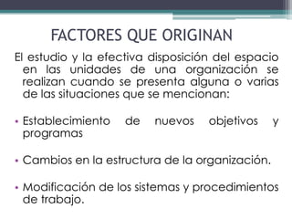 FACTORES QUE ORIGINAN
El estudio y la efectiva disposición del espacio
  en las unidades de una organización se
  realizan cuando se presenta alguna o varias
  de las situaciones que se mencionan:

• Establecimiento   de   nuevos    objetivos     y
  programas

• Cambios en la estructura de la organización.

• Modificación de los sistemas y procedimientos
  de trabajo.
 
