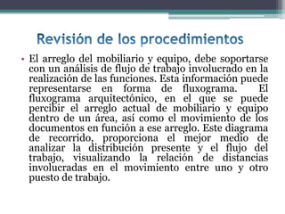 • El arreglo del mobiliario y equipo, debe soportarse
  con un análisis de flujo de trabajo involucrado en la
  realización de las funciones. Esta información puede
  representarse en forma de fluxograma.              El
  fluxograma arquitectónico, en el que se puede
  percibir el arreglo actual de mobiliario y equipo
  dentro de un área, así como el movimiento de los
  documentos en función a ese arreglo. Este diagrama
  de recorrido, proporciona el mejor medio de
  analizar la distribución presente y el flujo del
  trabajo, visualizando la relación de distancias
  involucradas en el movimiento entre uno y otro
  puesto de trabajo.
 