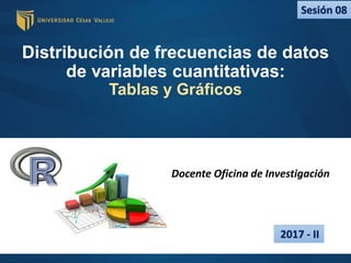 Distribución de frecuencias de datos
de variables cuantitativas:
Tablas y Gráficos
2017 - II
Sesión 08
Docente Oficina de Investigación
 