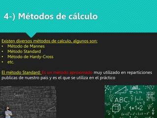 4-) Métodos de cálculo
Existen diversos métodos de calculo, algunos son:
• Método de Mannes
• Método Standard
• Método de Hardy-Cross
• etc.
El método Standard: Es un método aproximado muy utilizado en reparticiones
publicas de nuestro país y es el que se utiliza en el práctico
 