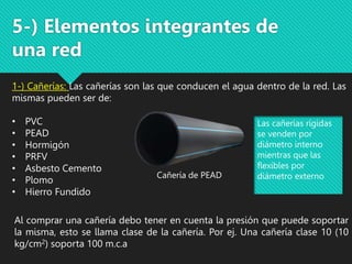 5-) Elementos integrantes de
una red
Al comprar una cañería debo tener en cuenta la presión que puede soportar
la misma, esto se llama clase de la cañería. Por ej. Una cañería clase 10 (10
kg/cm2) soporta 100 m.c.a
Cañería de PEAD
1-) Cañerías: Las cañerías son las que conducen el agua dentro de la red. Las
mismas pueden ser de:
• PVC
• PEAD
• Hormigón
• PRFV
• Asbesto Cemento
• Plomo
• Hierro Fundido
Las cañerías rígidas
se venden por
diámetro interno
mientras que las
flexibles por
diámetro externo
 