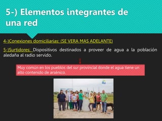 5-) Elementos integrantes de
una red
4-)Conexiones domiciliarias: (SE VERA MAS ADELANTE)
5-)Surtidores: Dispositivos destinados a proveer de agua a la población
aledaña al radio servido.
Muy común en los pueblos del sur provincial donde el agua tiene un
alto contenido de arsénico.
 