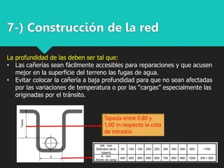 7-) Construcción de la red
La profundidad de las deben ser tal que:
• Las cañerías sean fácilmente accesibles para reparaciones y que acusen
mejor en la superficie del terreno las fugas de agua.
• Evitar colocar la cañería a baja profundidad para que no sean afectadas
por las variaciones de temperatura o por las “cargas” especialmente las
originadas por el tránsito.
Tapada entre 0,80 y
1,00 m respecto la cota
de intradós
 